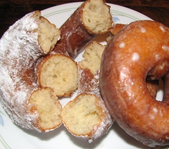 Up close, sourdough doughnuts